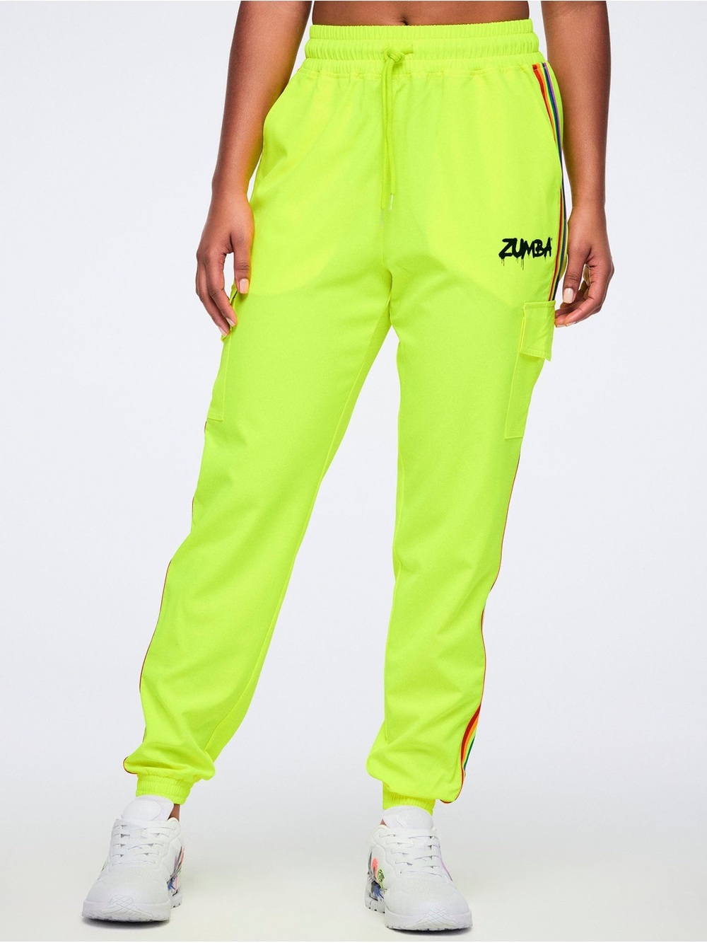 Zumba Fitness Neon Lime Cargo Joggers with Rainbow Trim